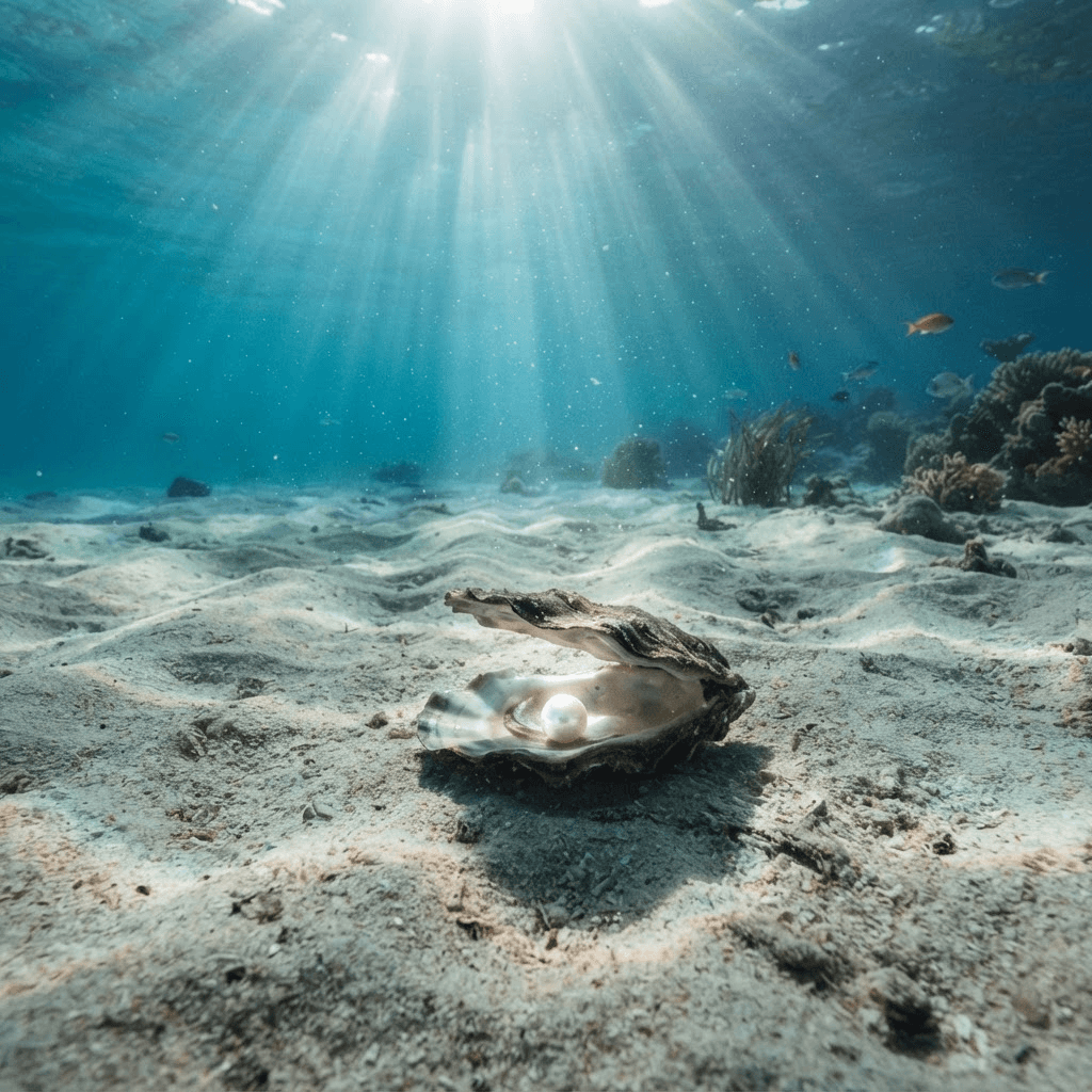 Sunlight streaming through clear turquoise ocean water down to the sandy seabed, where an open oyster reveals a luminous pearl — evoking the insights carried forward in the Afterlight AfterCare programme