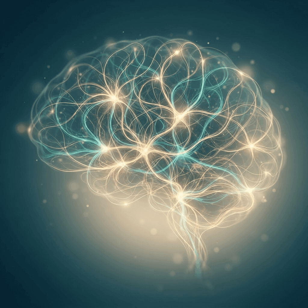 An abstract illustration of luminous neural pathways, representing how psilocybin changes brain connectivity and neuroplasticity