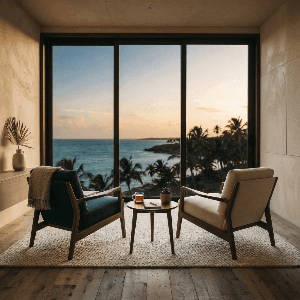 A calm, light-filled therapy space overlooking the Caribbean sea, used for psychedelic therapy