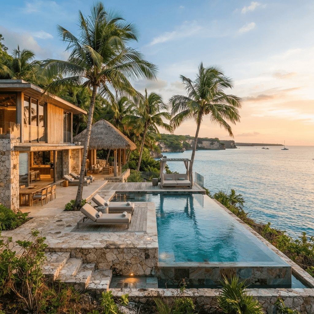 The oceanfront pool and villa terrace at the Afterlight retreat in Negril, Jamaica